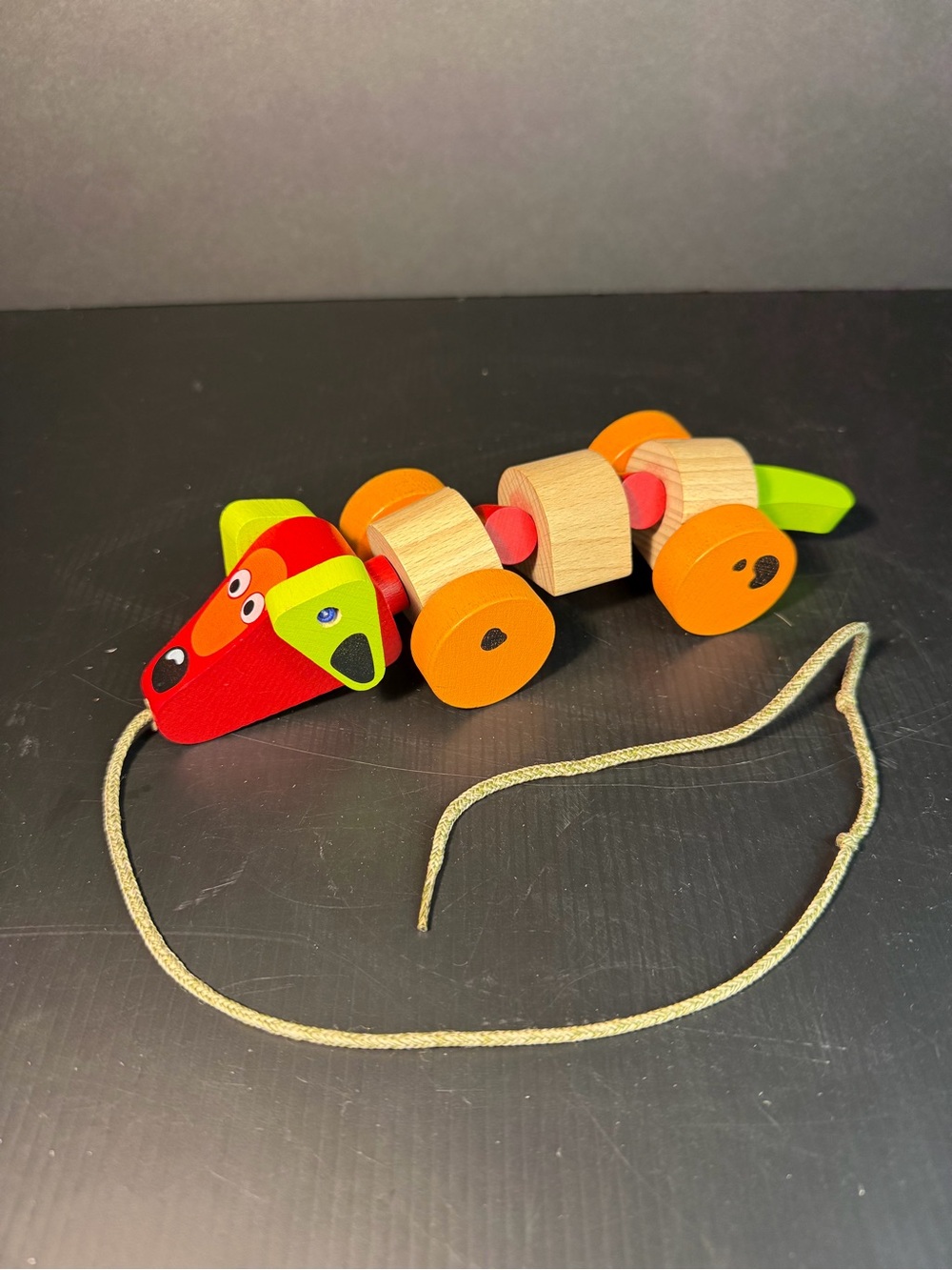 Cubits Wooden Pull-Along Sausage Dog Toy Learning Toy- Red and Orange